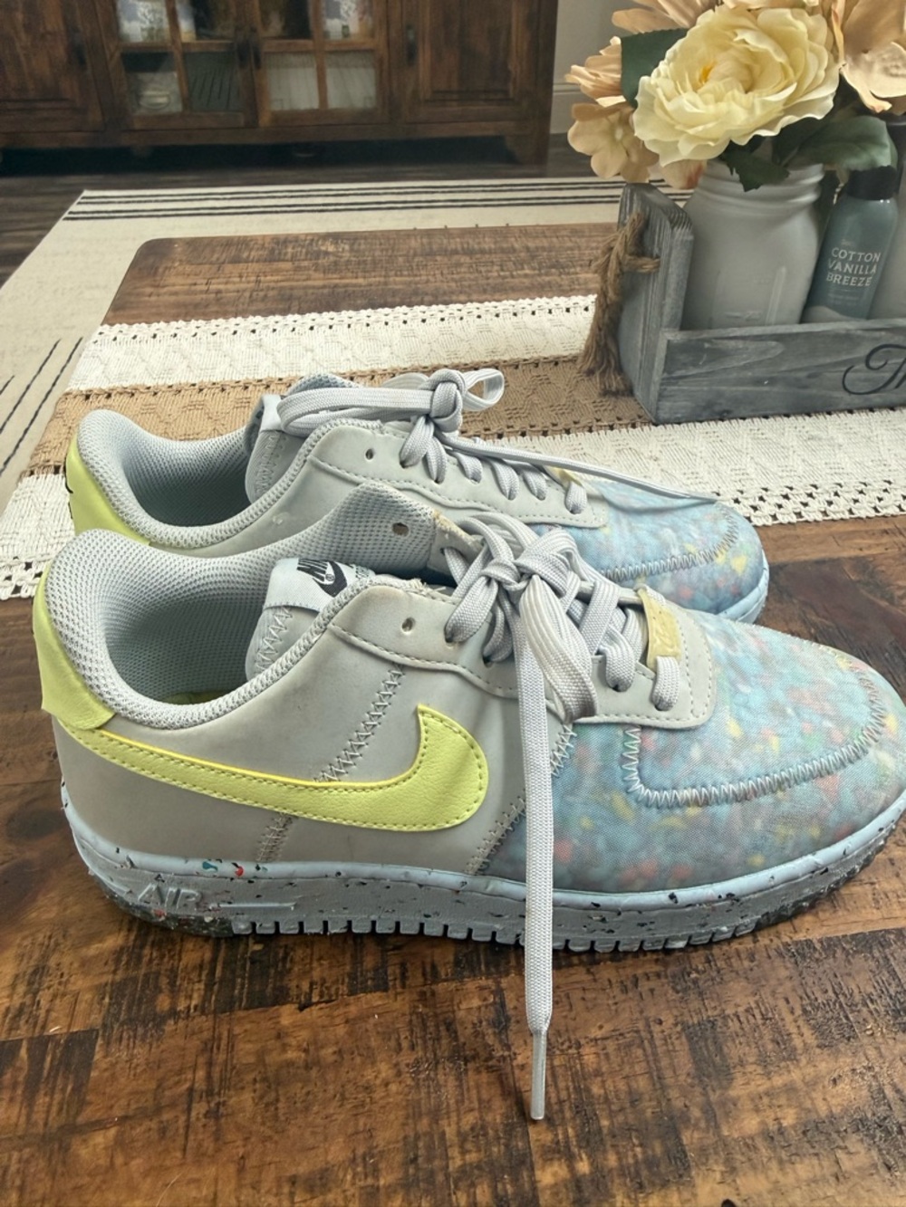 Nike Air Force 1 Crater, Pastel Tie-Dye Athletic Sneakers with Yellow Swoosh